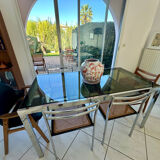 Vintage dining set – smoked glass & chrome – 5 chairs – year