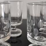 Set of 8 transparent Cavalier Luminarc liqueur glasses with vintage 70'S patterns