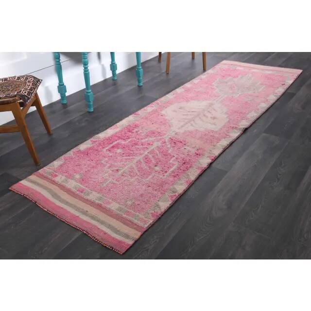 1970s Vintage Turkish Hand-Knotted Wool Cotton Pink Runner Rug 90x303