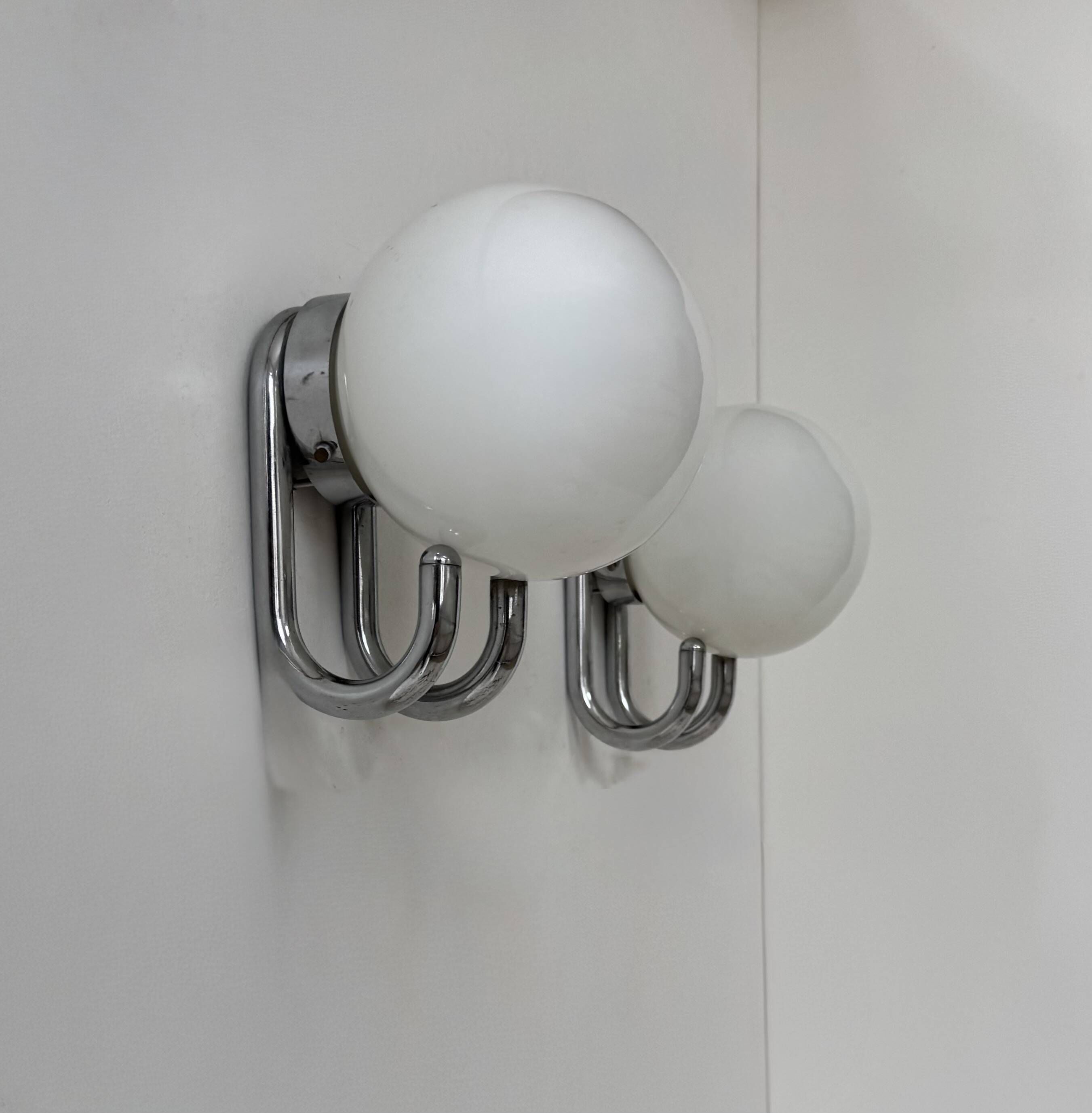 Pair of vintage wall lights, chrome metal and opaline, France, 1960.