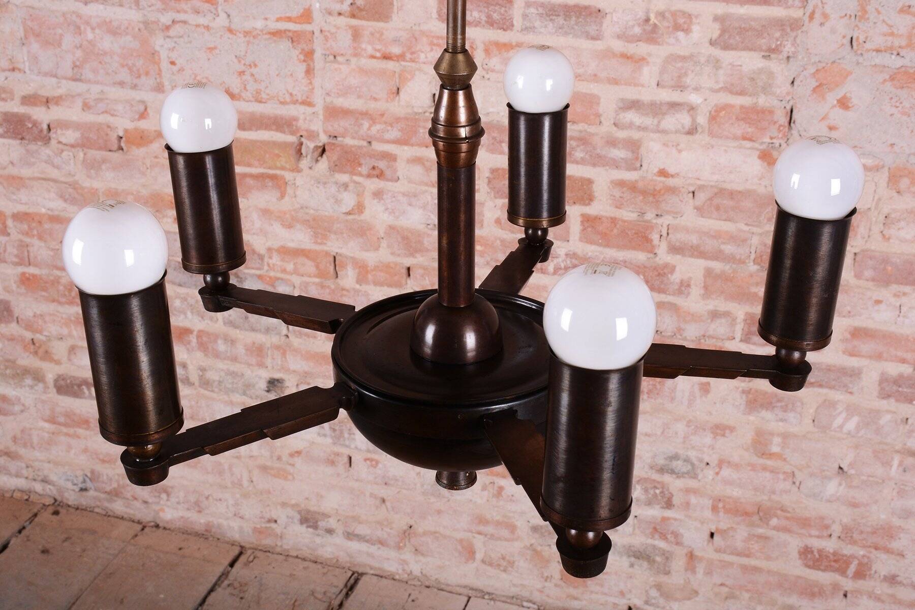 Cubist Chandelier in Brass and Bronze, Czech, 1910s
