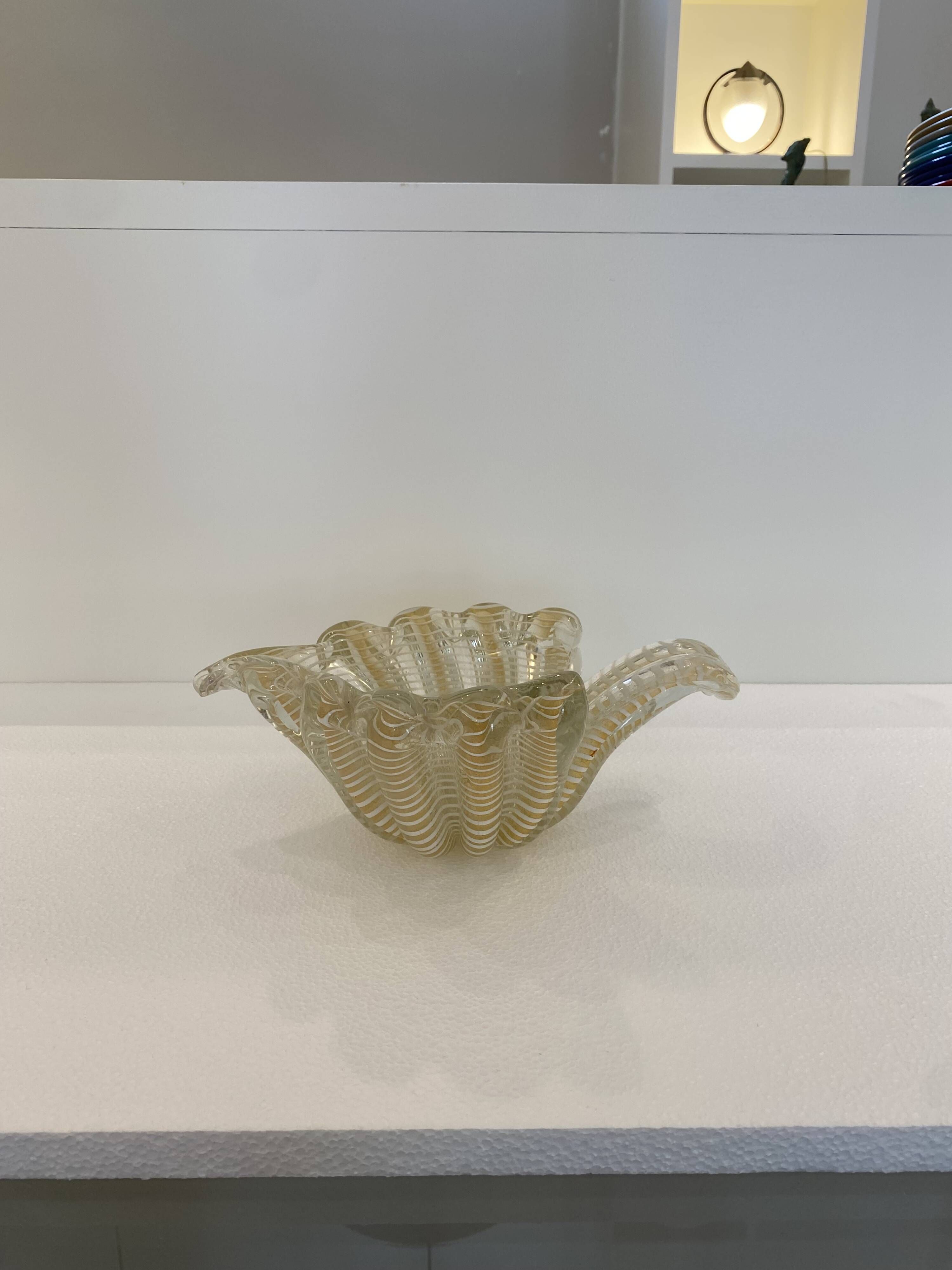 Murano Barovier 'Zebrati' Decor Glass Shell Bowl Hollywood Regency, 1960s