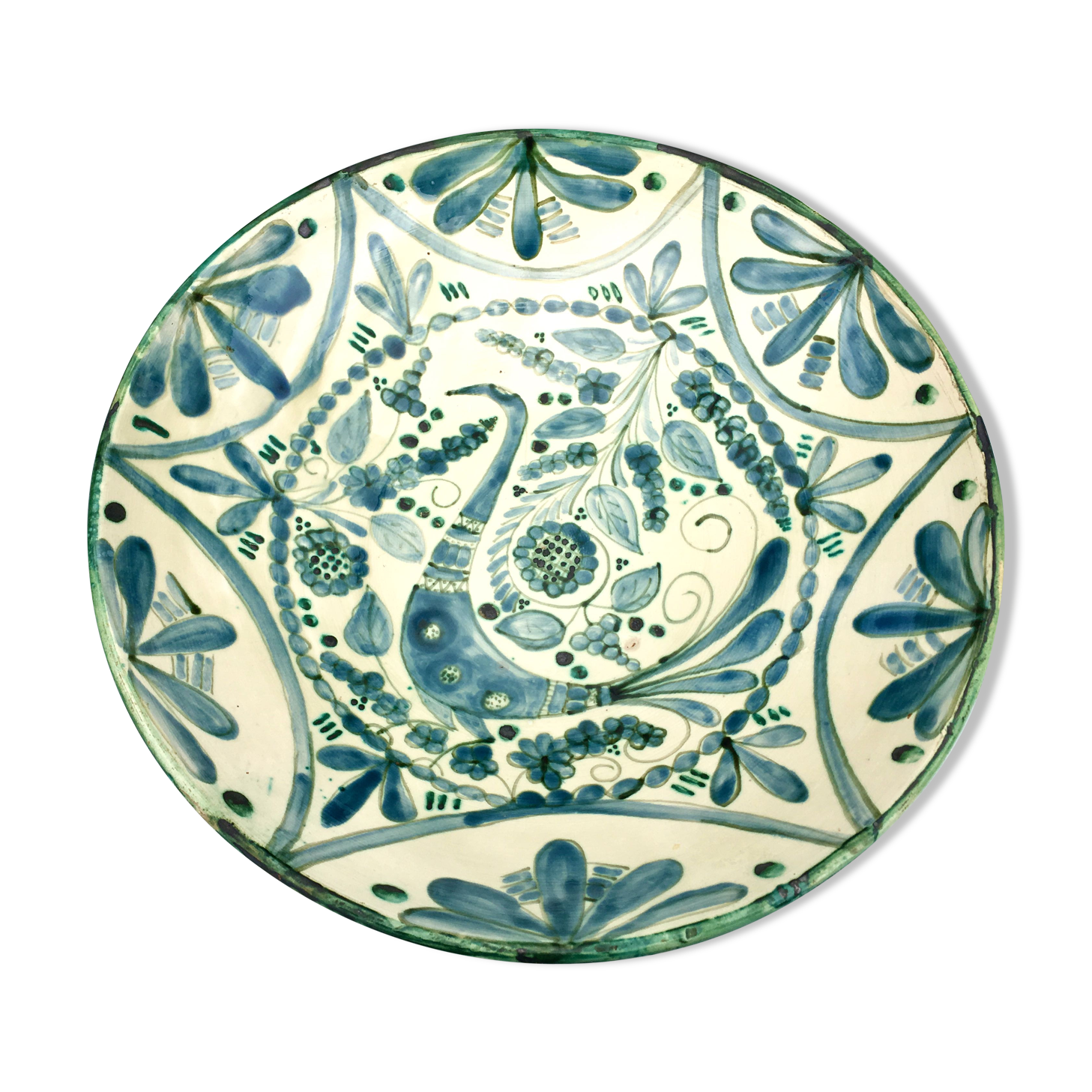 Large ceramic fruit cup with blue peacock