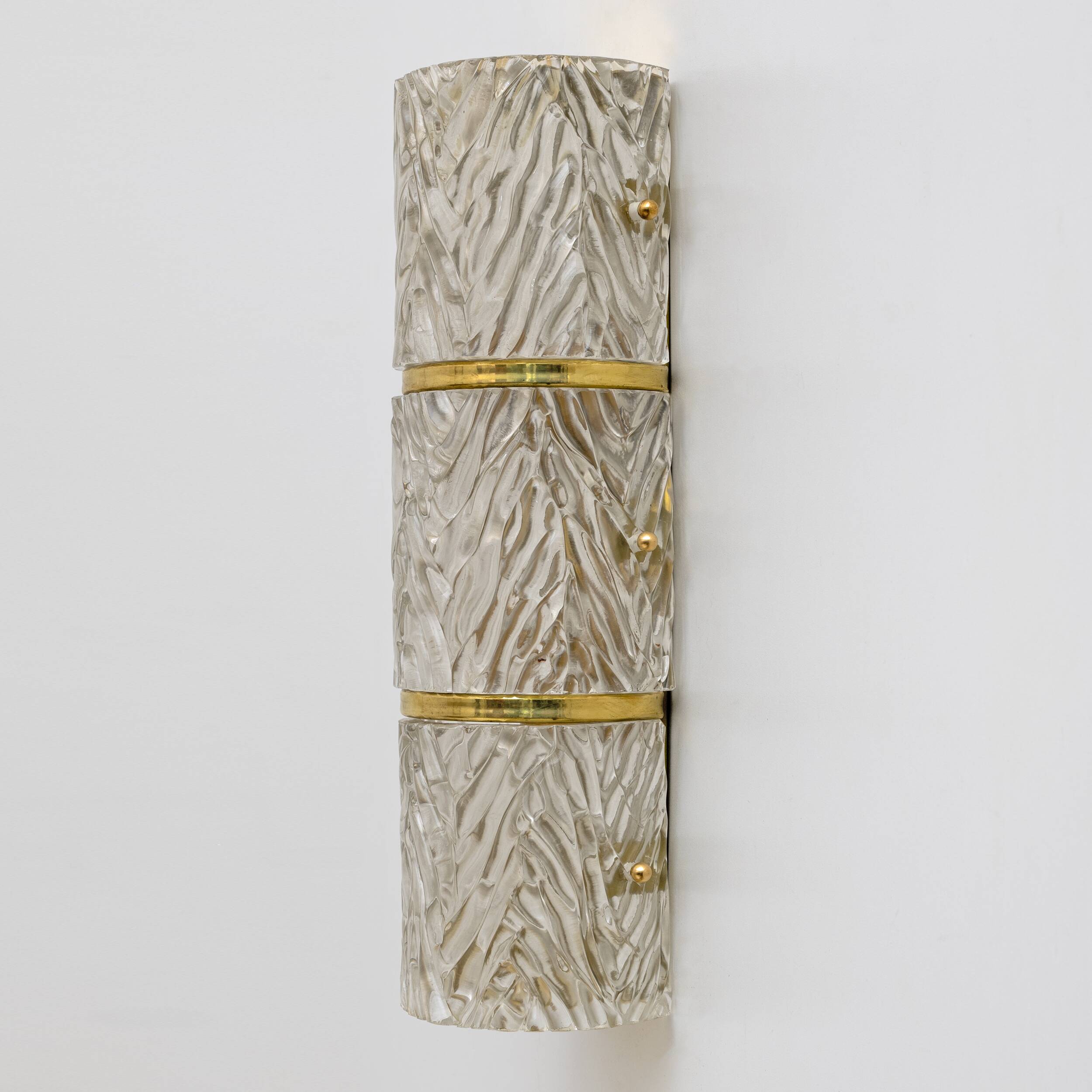 Pair of Modern Italian Brass and Murano Glass Textured Wall Sconces