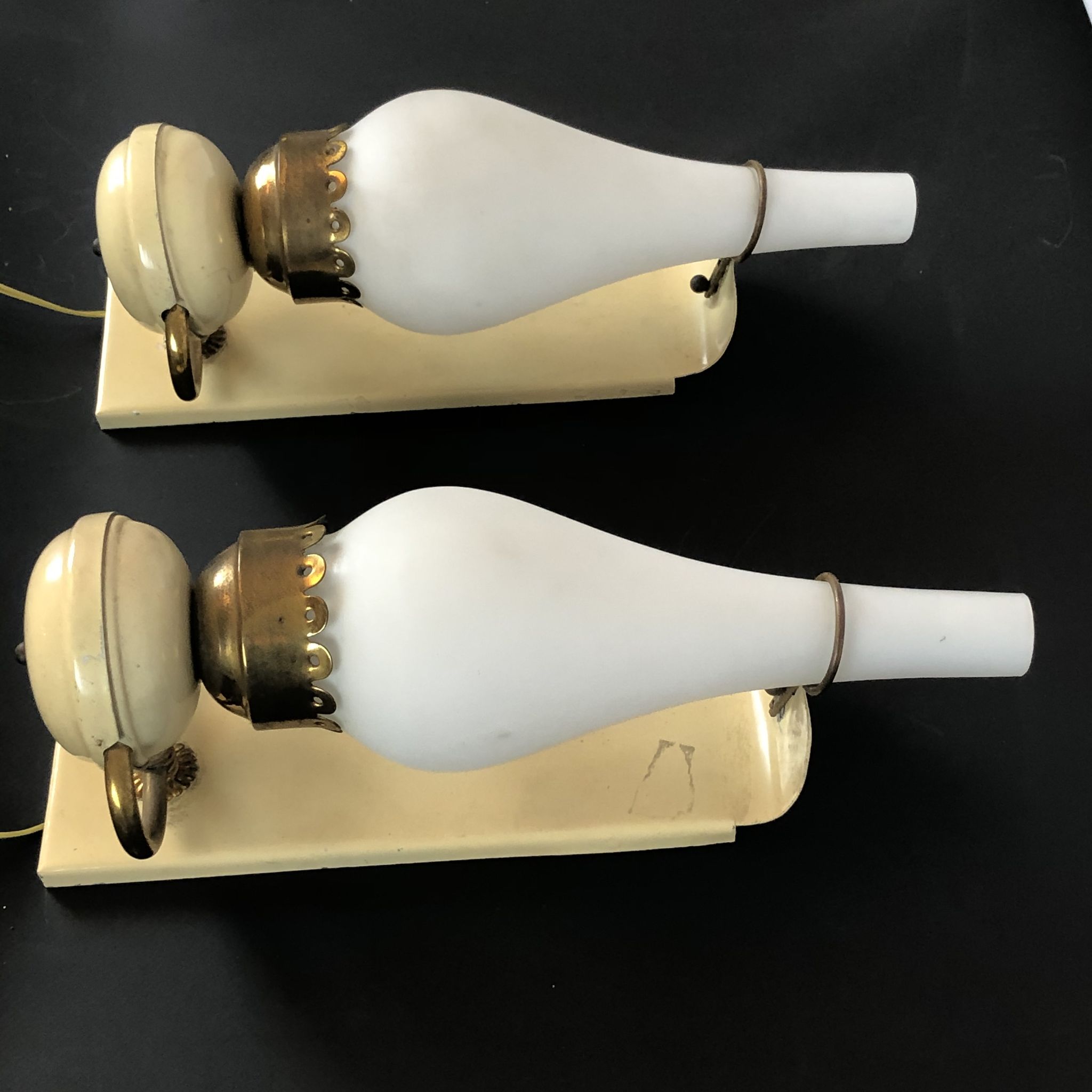 Vintage Italian brass, lacquer and opaline glass sconces from 50s. Set of two