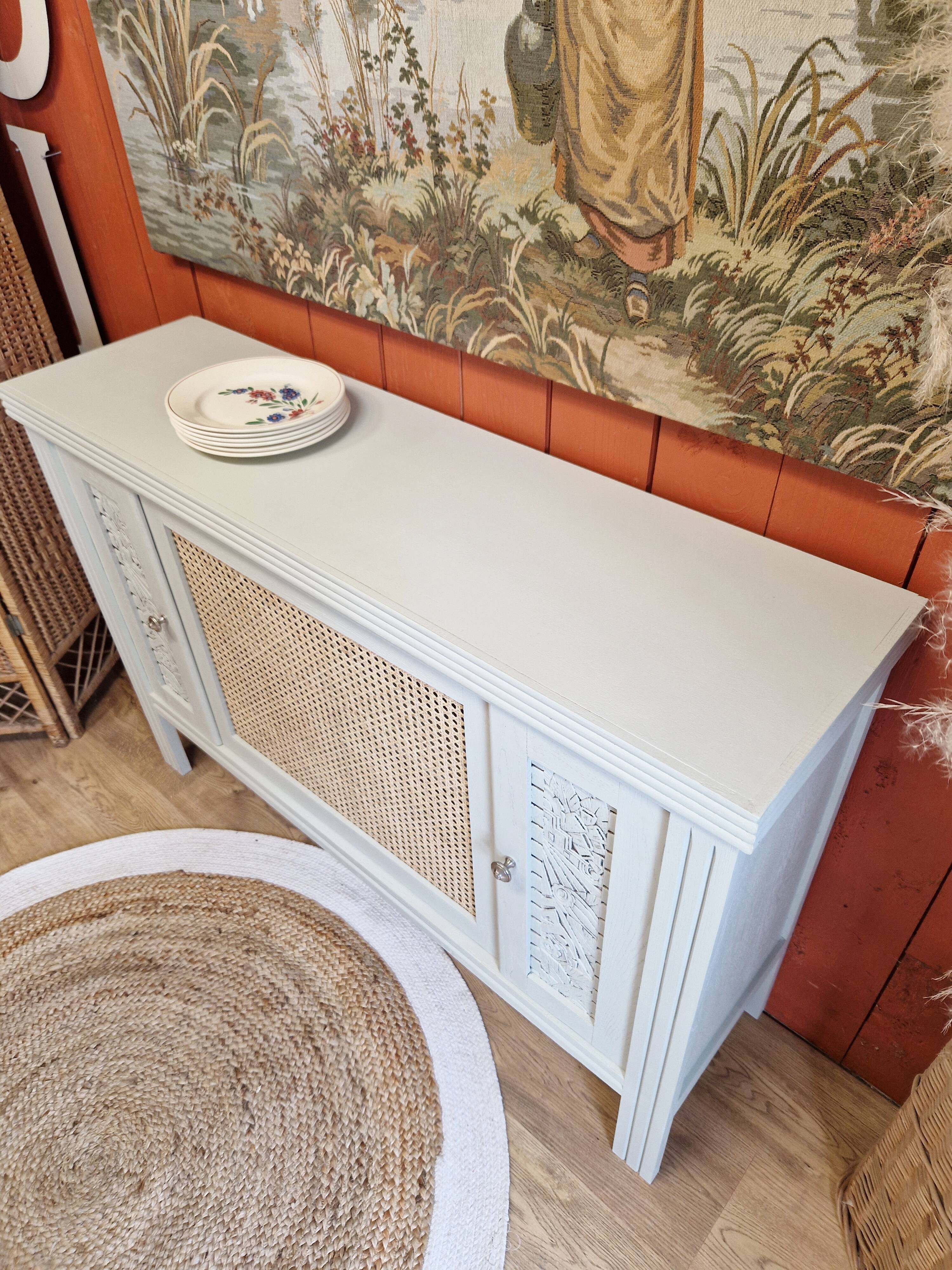 Buffet 3 portes en chêne style art déco relooké avec porte en cannage