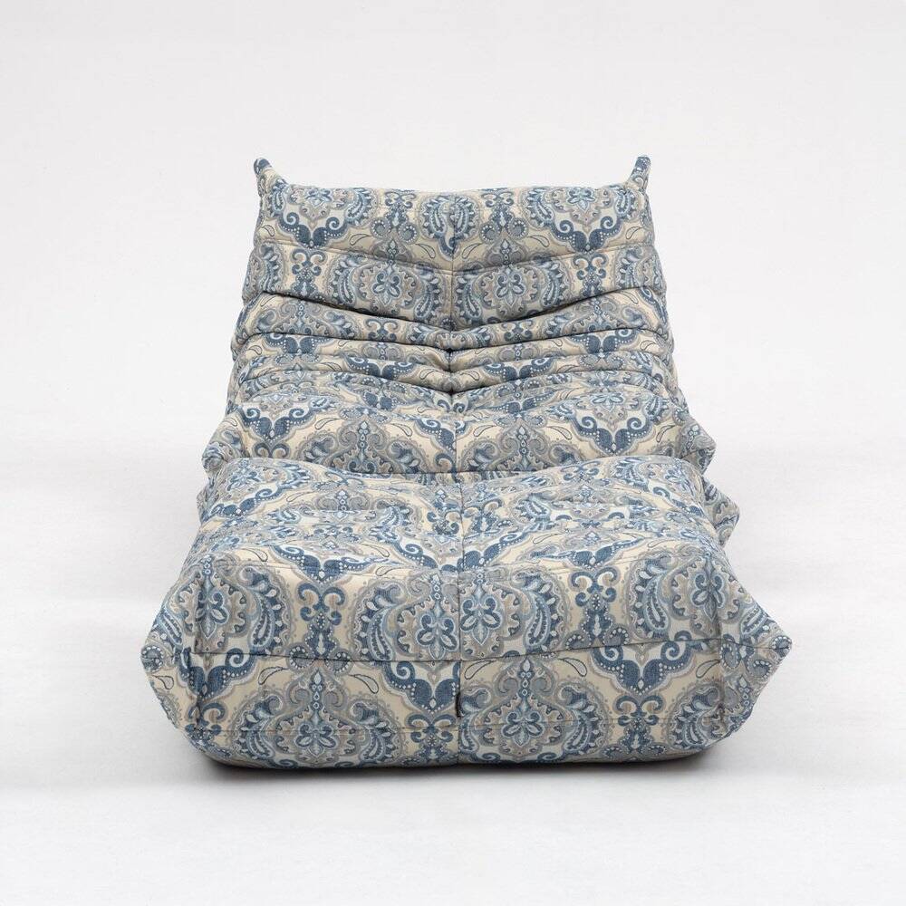 Togo lounge chair and pouf in patterned fabric by Michel Ducaroy for Ligne Roset, 1973, set of 2