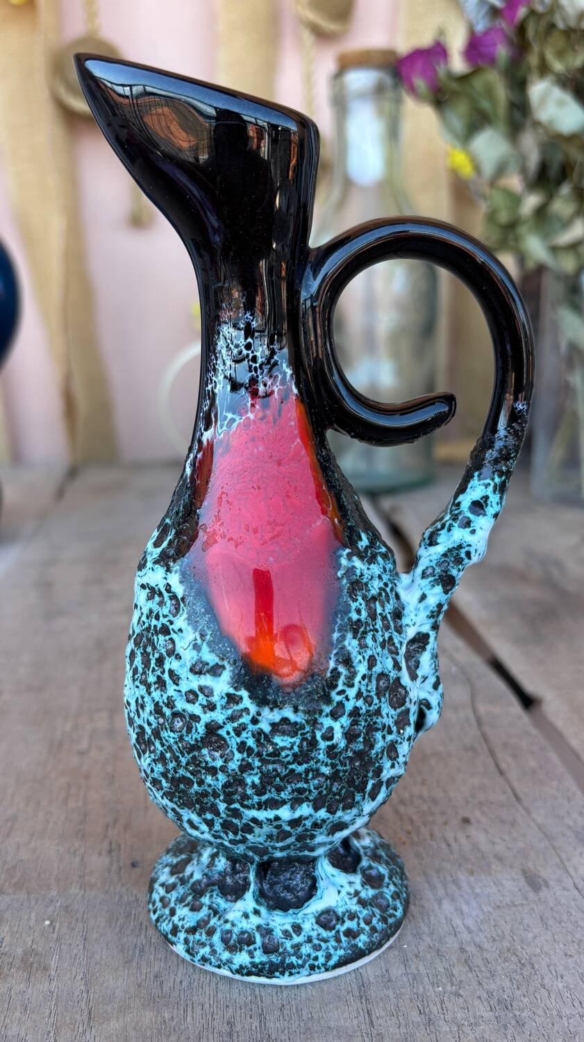 Vintage fat lava vase – turquoise red ceramic foam