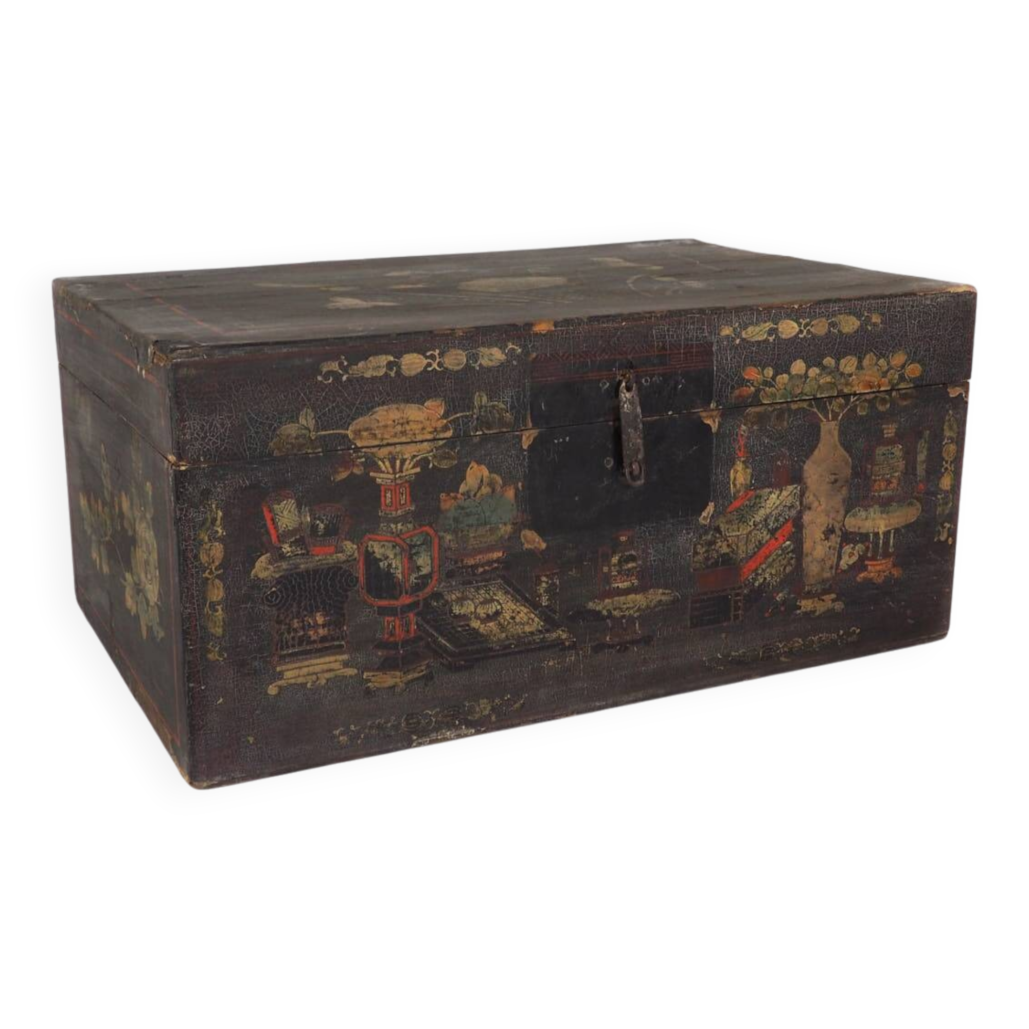 Antique wooden chest with illustrations of porcelain vases (1900) #2