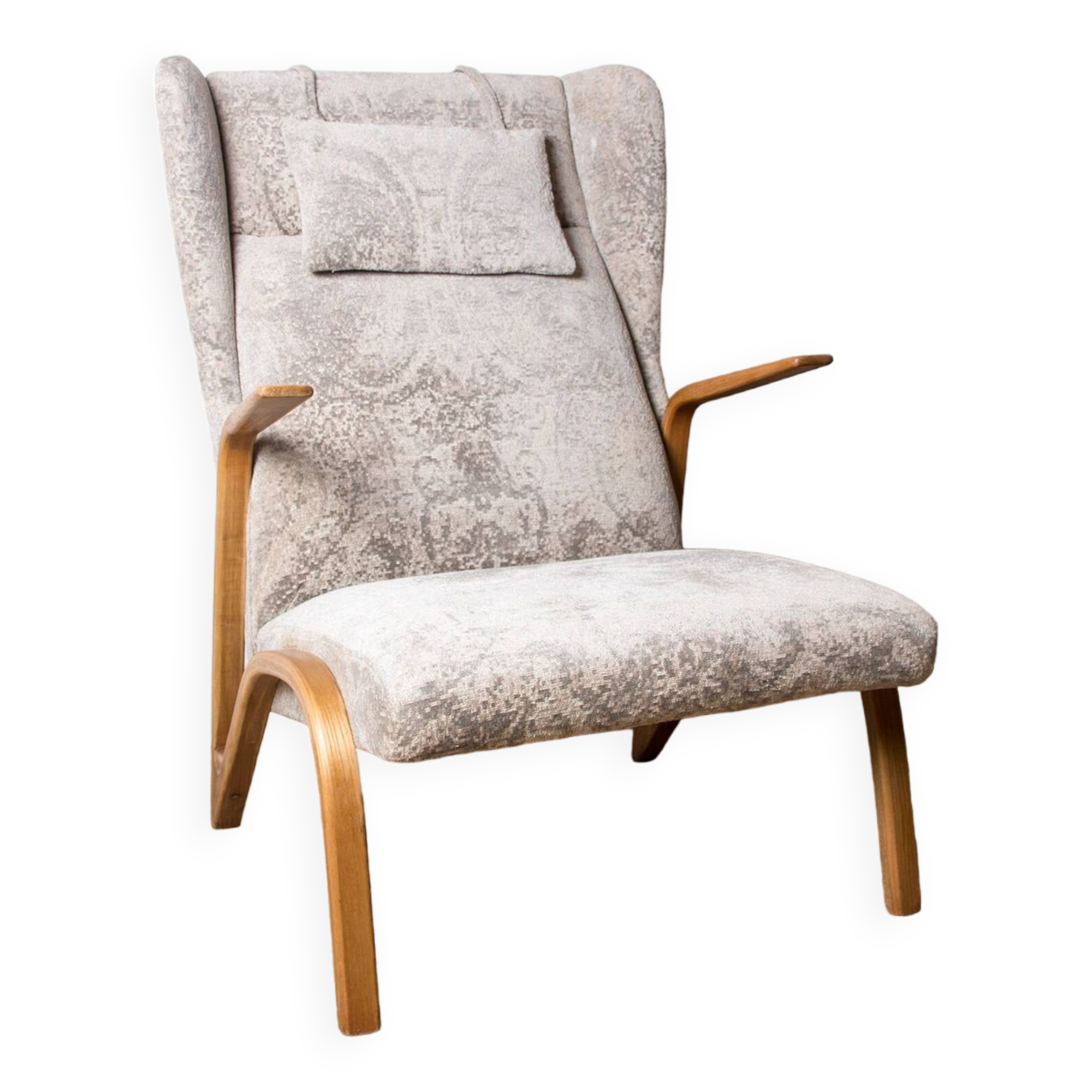 High armchair in curved beech and recent konkav fabric model by paul bode for federholz.
