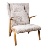 High armchair in curved beech and recent konkav fabric model by paul bode for federholz.