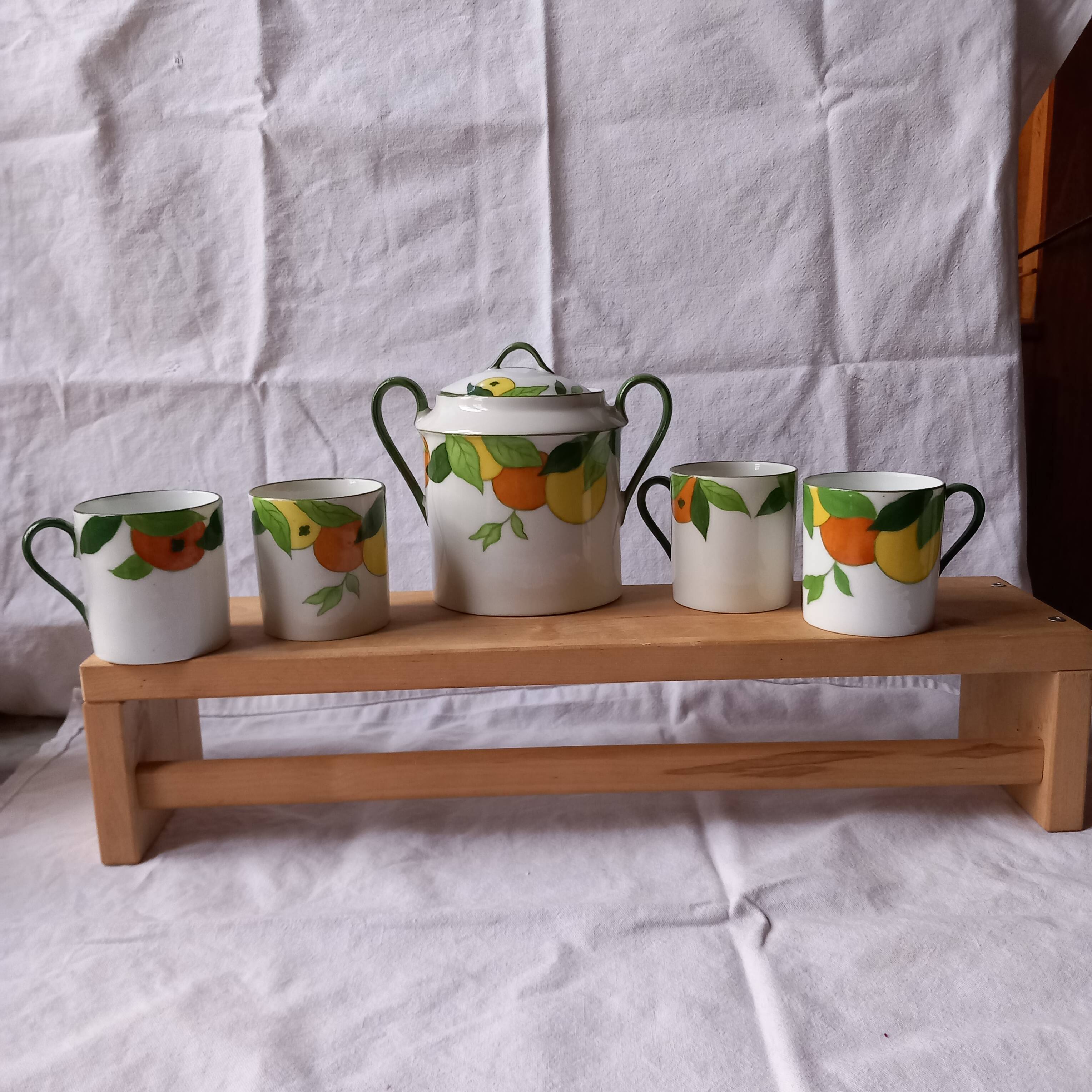 5 cups and a citrus sugar bowl, Lanternier Limoges porcelain