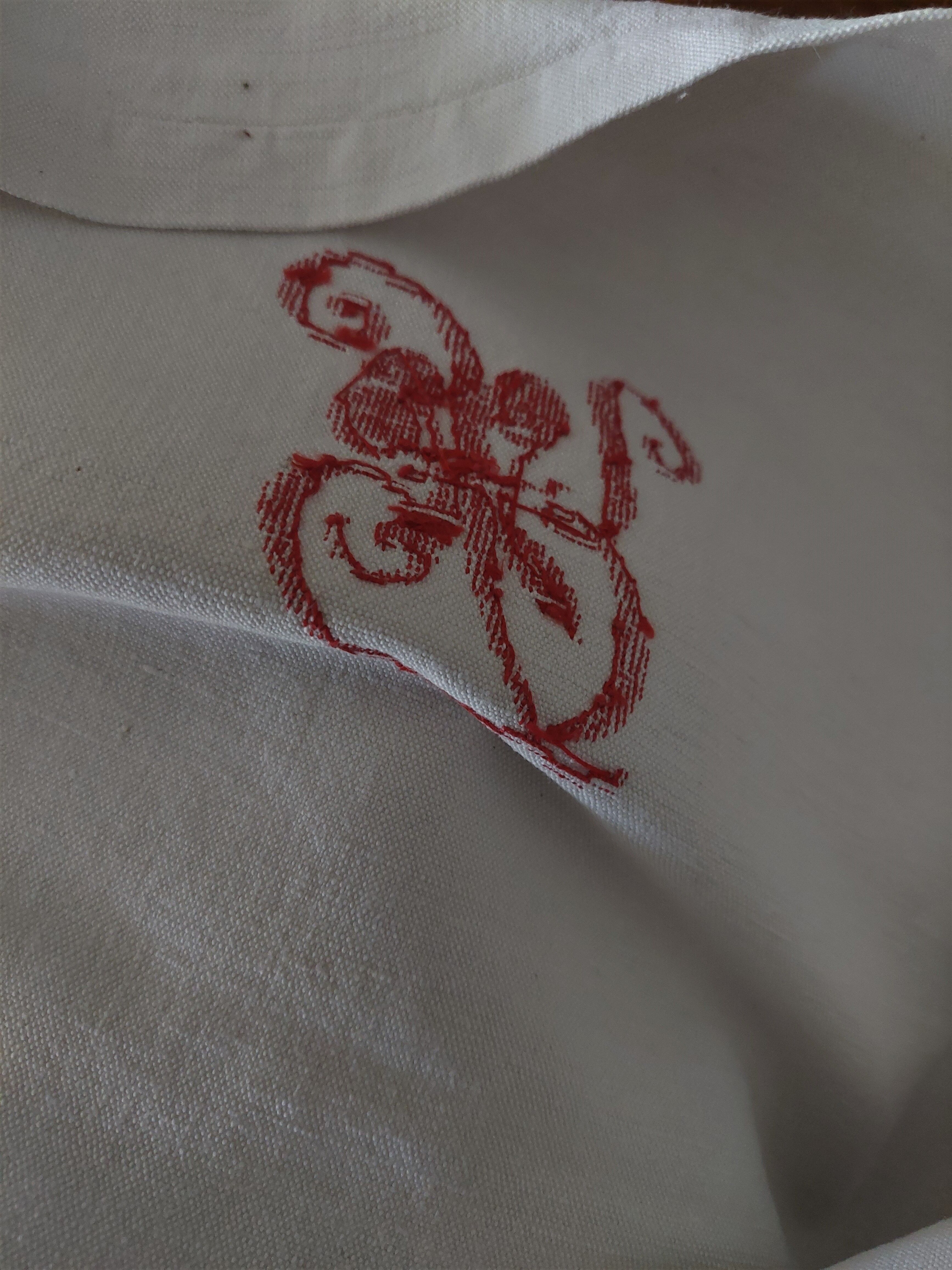 Old sheet embroidered monogram red, 205x230 cm