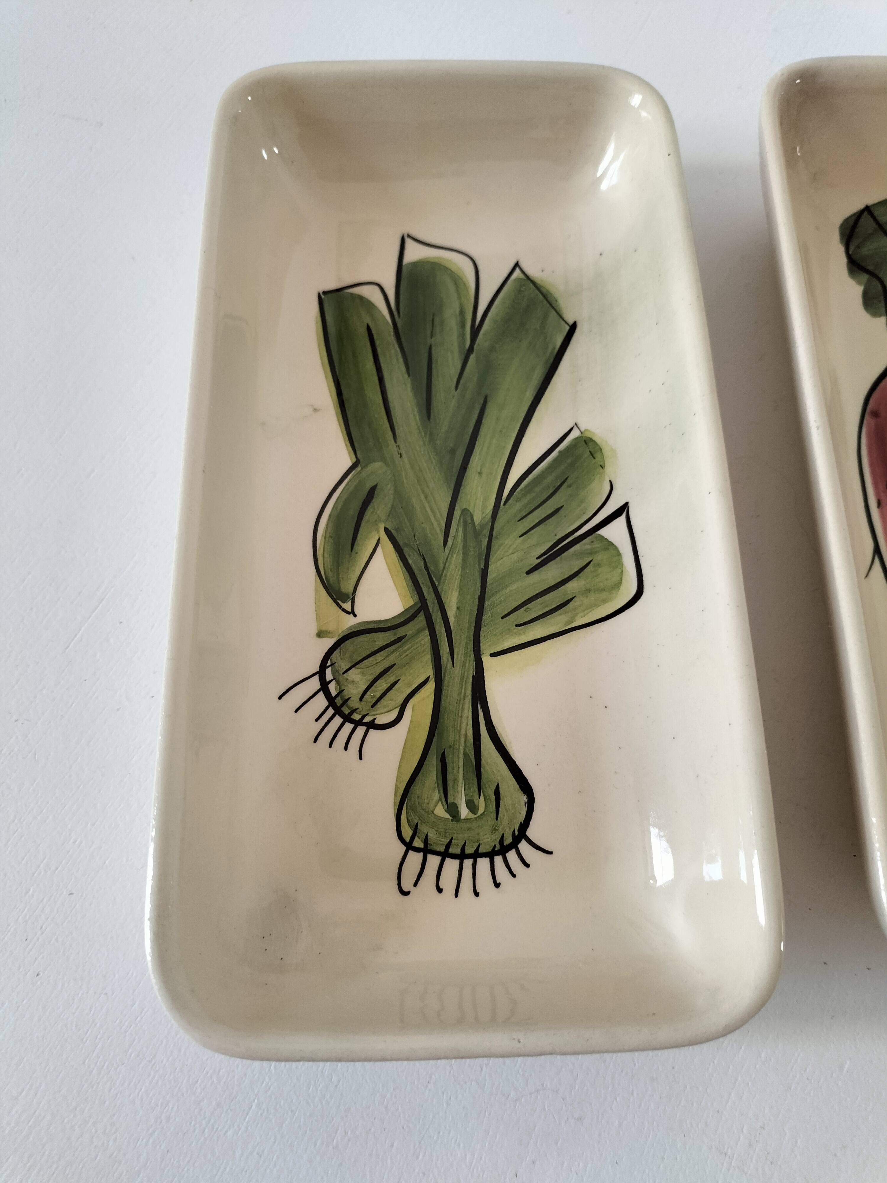 Trio de plats rectangulaires vintage à décor naïf de légumes