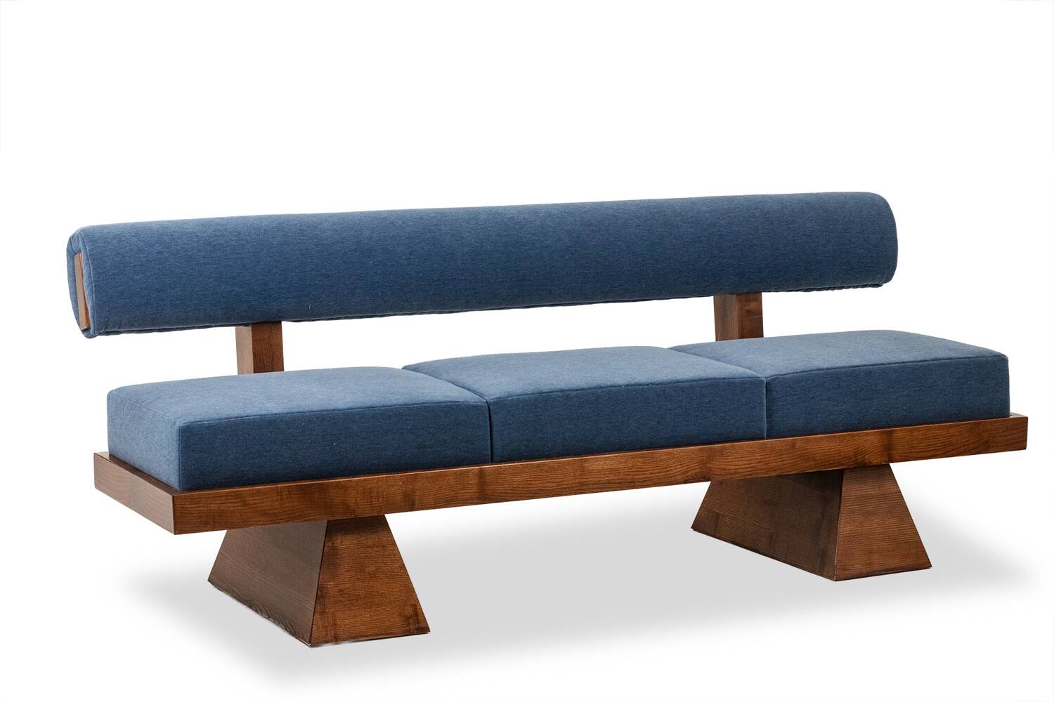 Three-seater bench in light ash and blue mohair velvet. Contemporary.