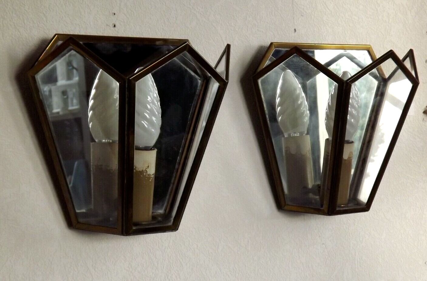 Matching pair french mid century copper & glass single light wall lanterns 3915