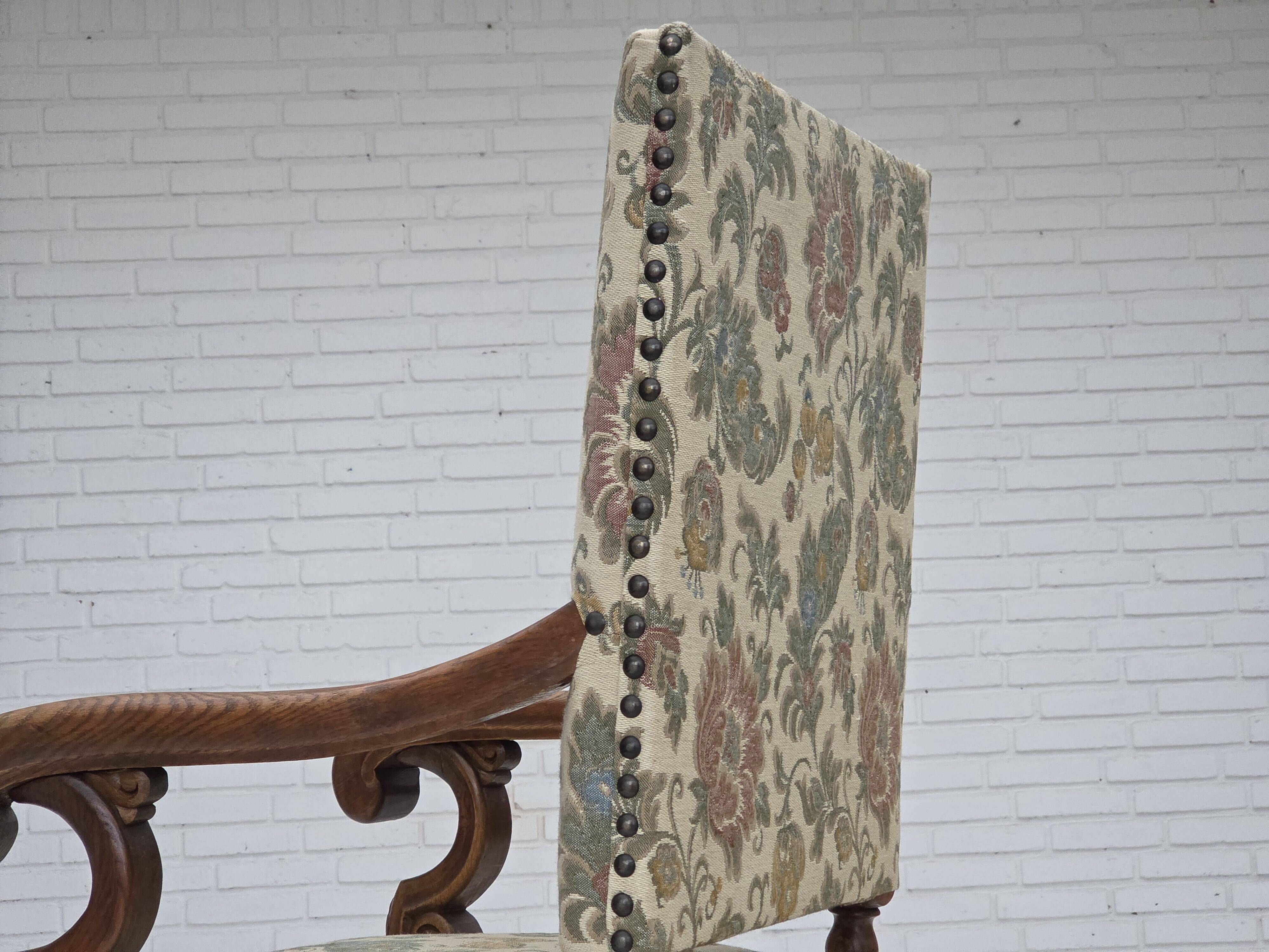 1950s, Scandinavian highback armchair, furniture fabric, oak wood.
