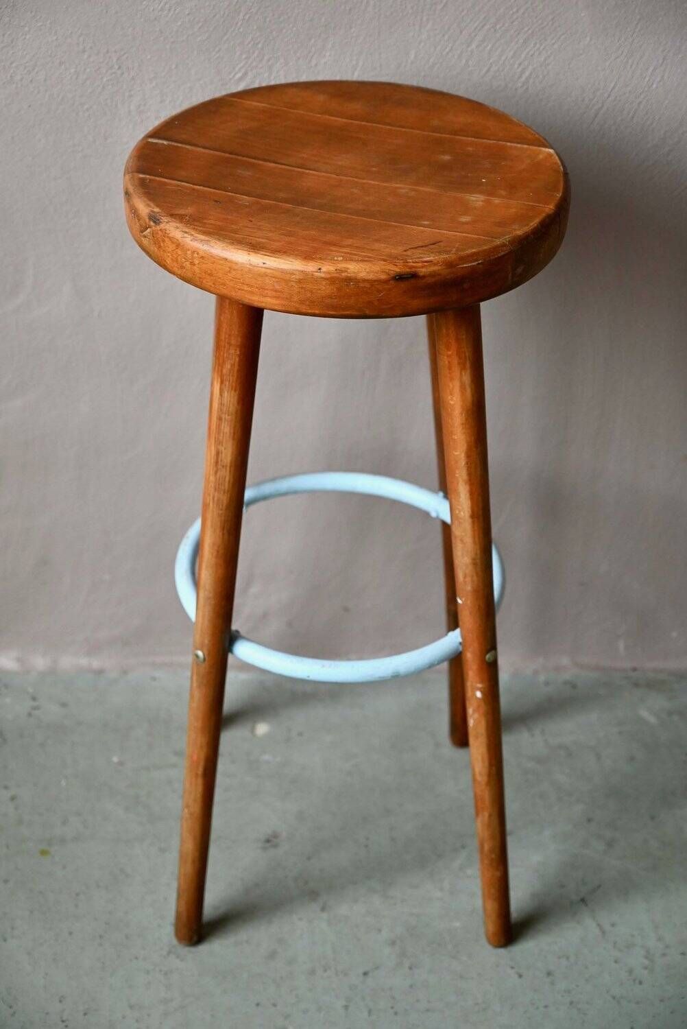 Vintage 60s bar stool in blue lacquered wood and metal.