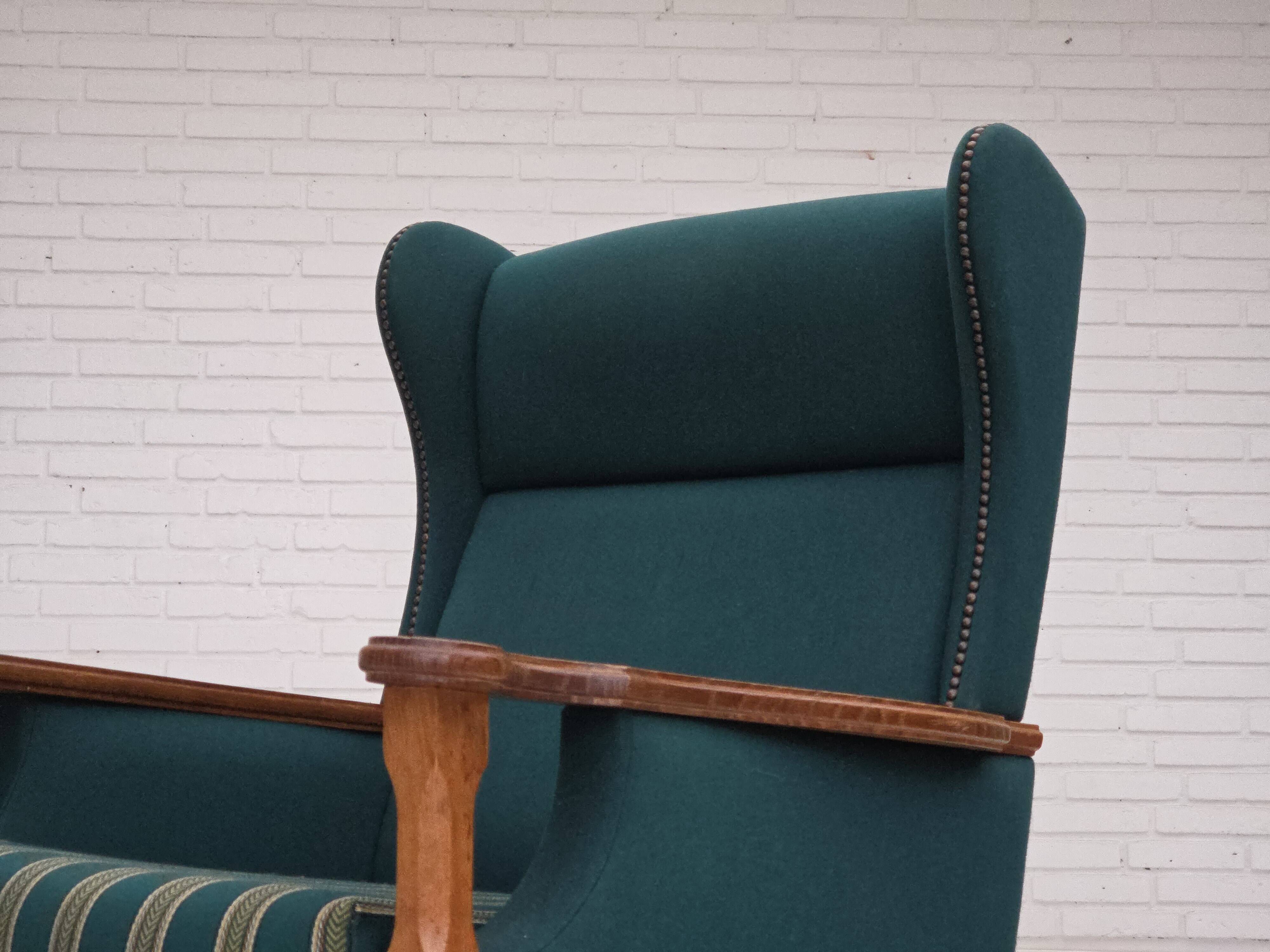 1970s, Danish high back armchair, furniture wool, solid oak wood.