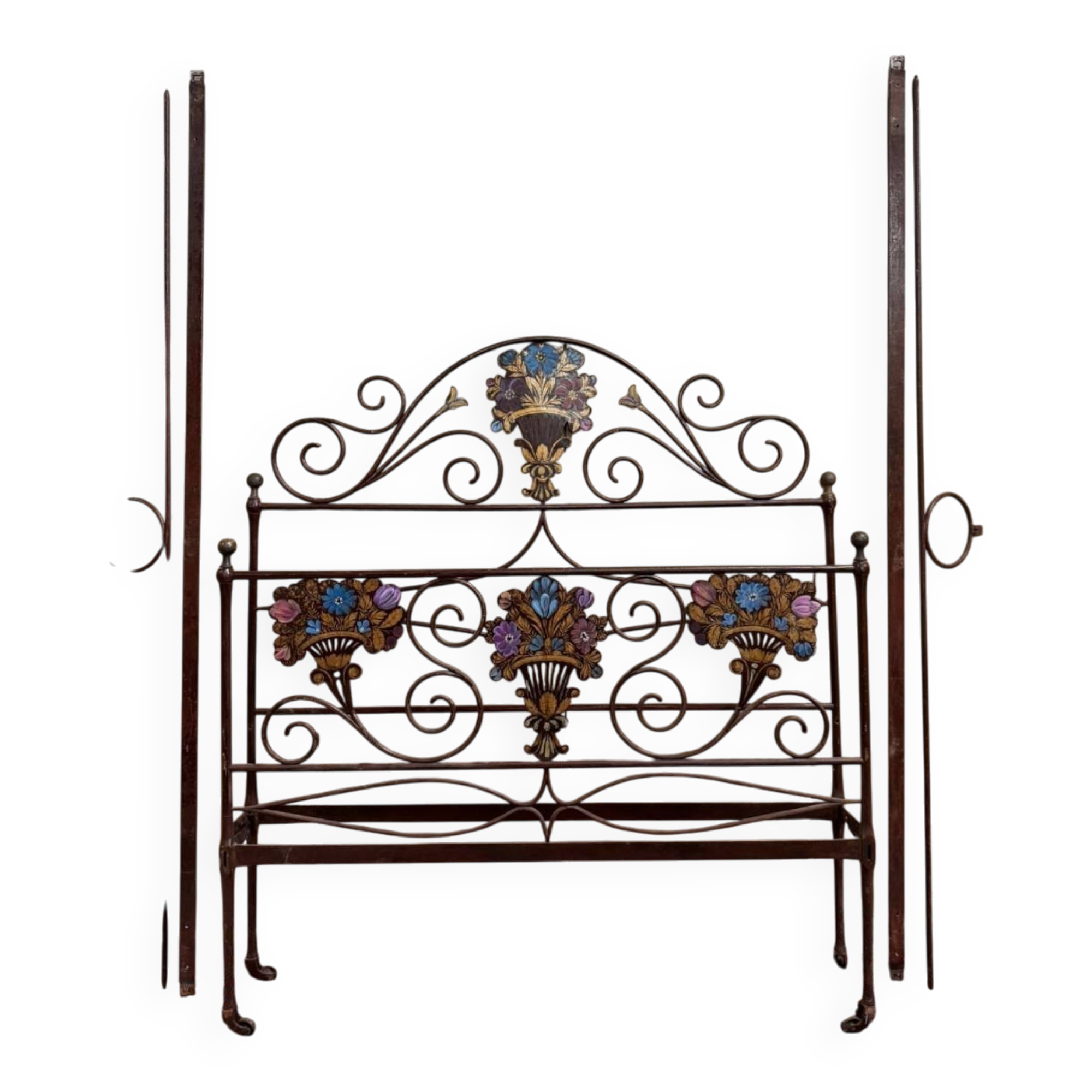 Venetian bed in iron and cast iron from the Art Nouveau period with polychrome decorations