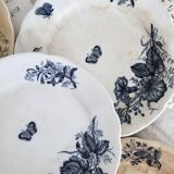 5 assiettes plates antiques faience d'Onnaing Nord motif fleuri et papillon bleu patine