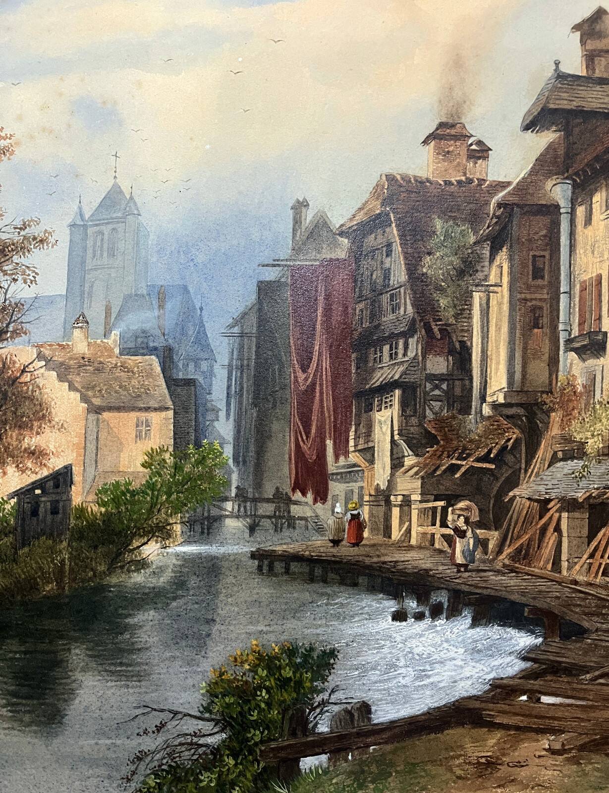 Large Watercolour Table XIX Century Tanneries District (Rouen?)