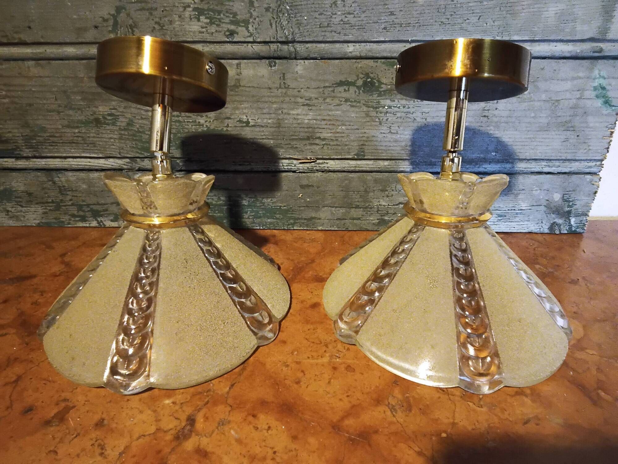 Pair of vintage wall lights in pale yellow granite glass