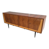 Designer sideboard with 4 doors in sapele mahogany and sycamore on a blackened wood base