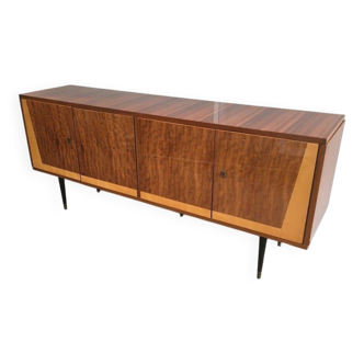 Designer sideboard with 4 doors in sapele mahogany and sycamore on a blackened wood base