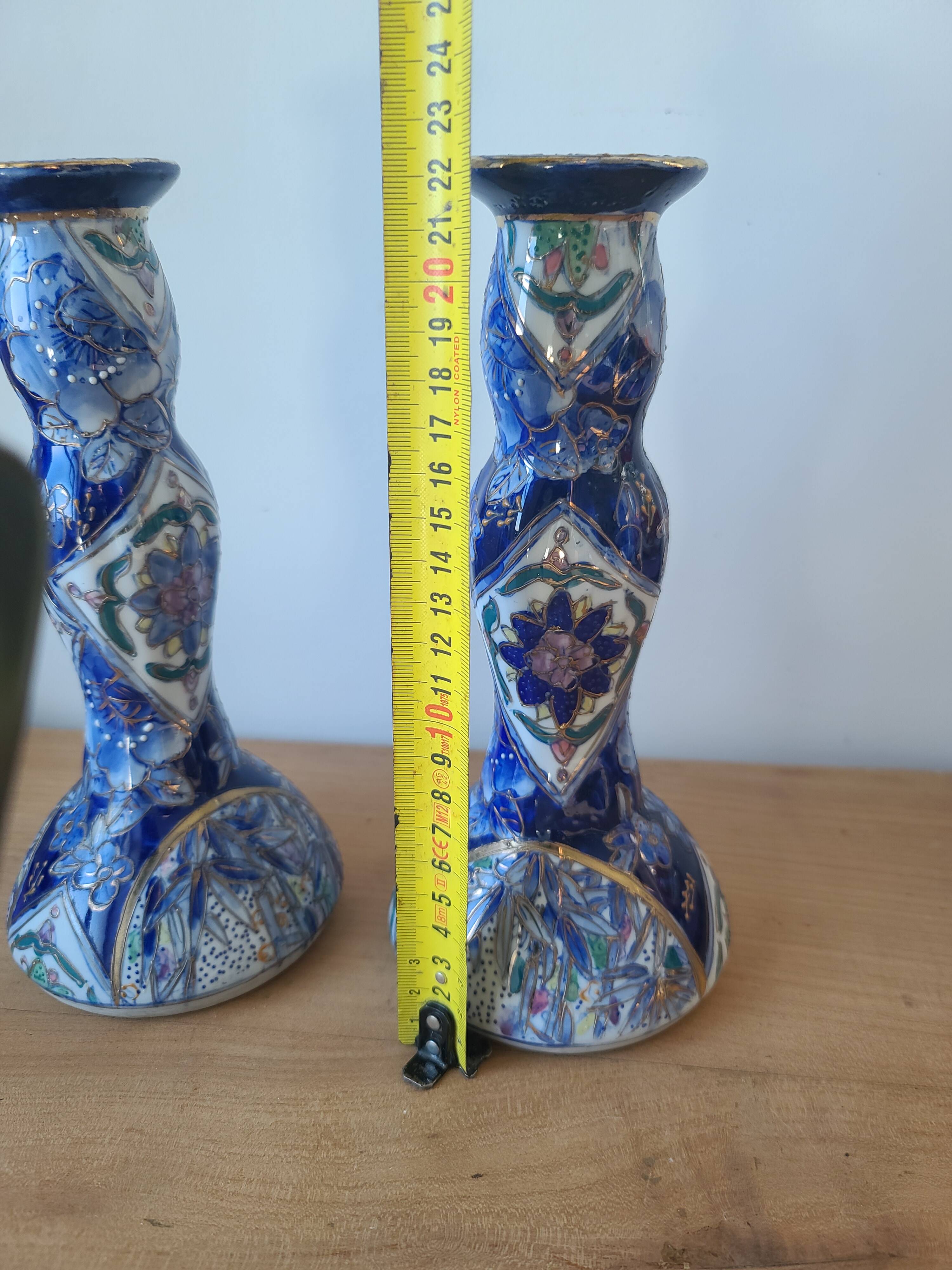 Vintage-style blue and gold floral ceramic candlesticks CHMR