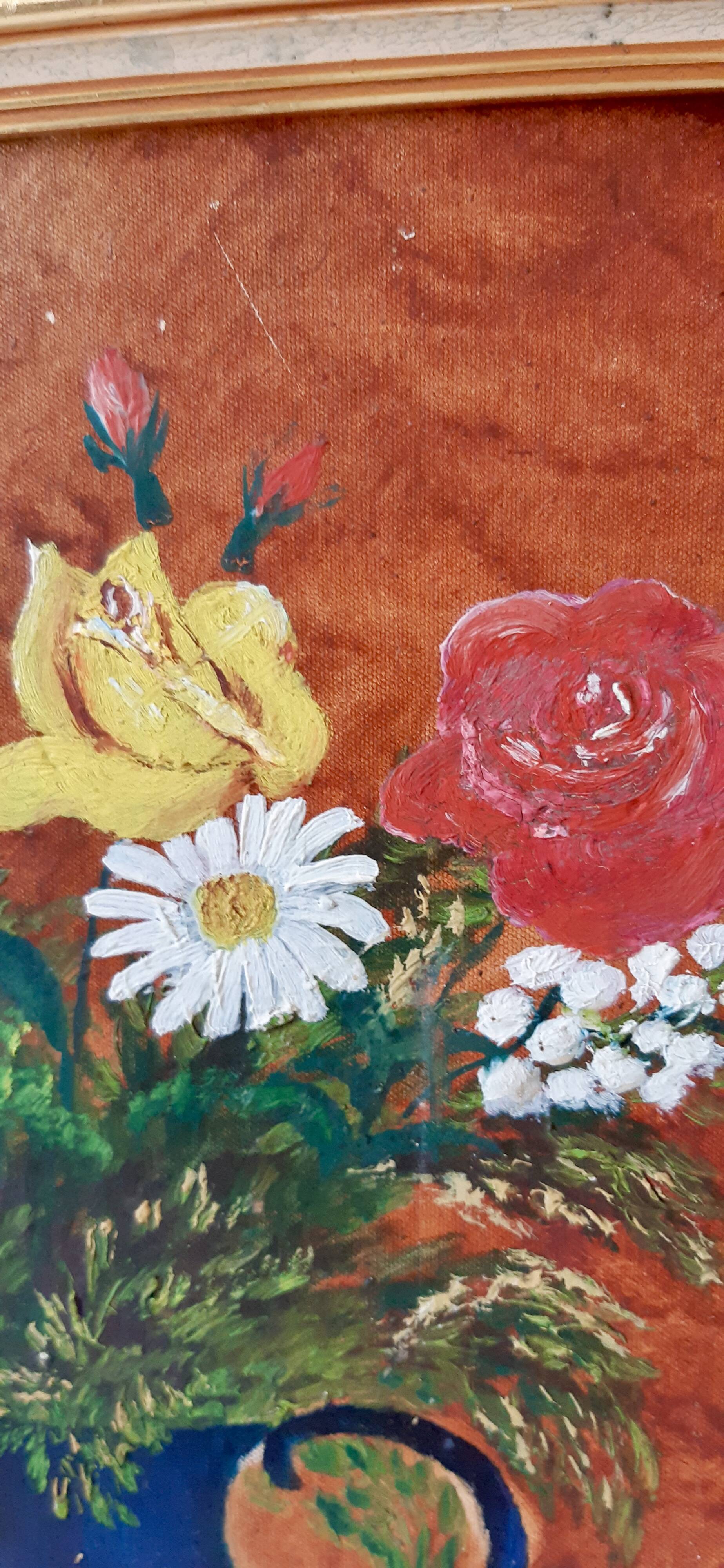 Painting / oil on cardboard framed vintage 50s