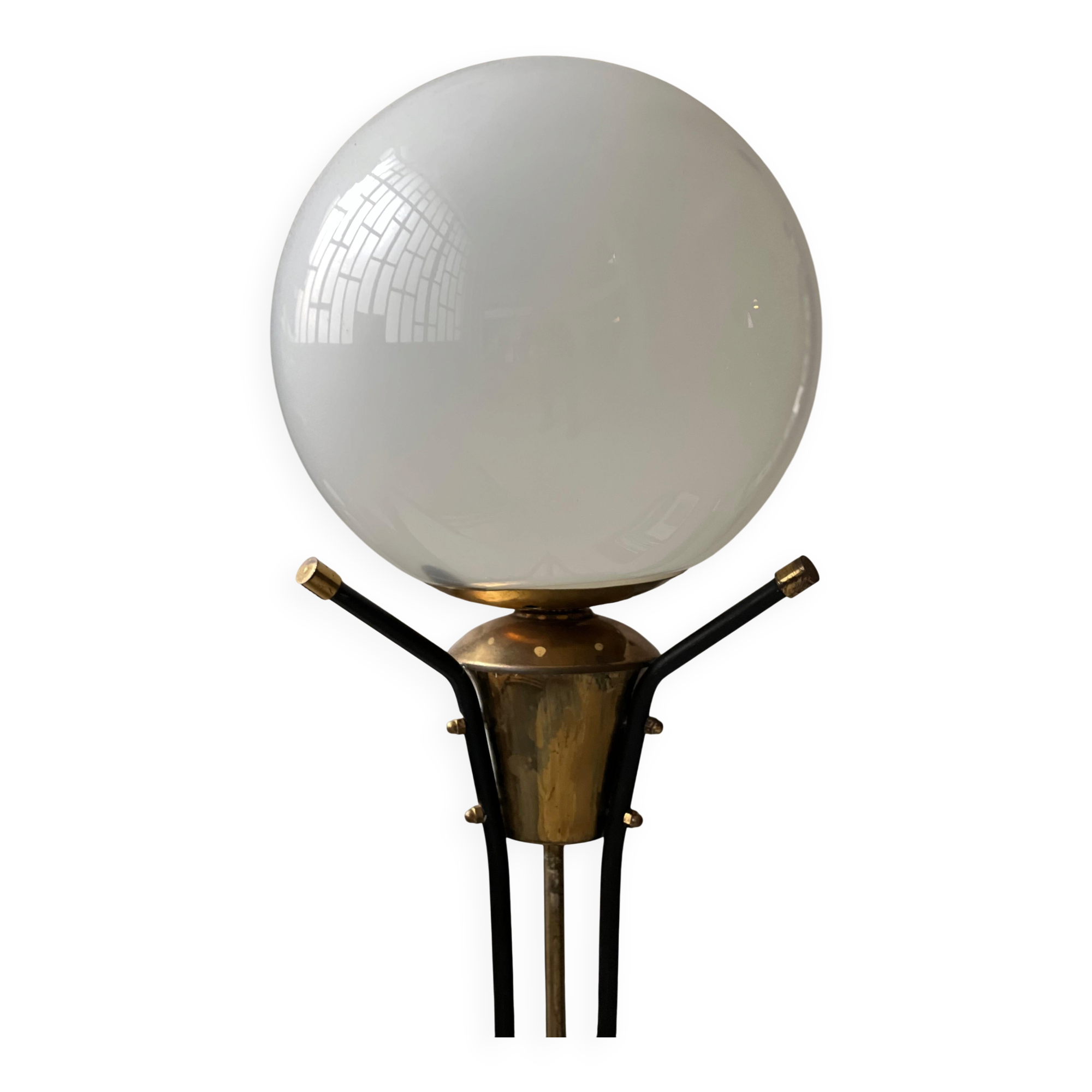 Vintage Italian Brass Floor Lamp in the style of Stilnovo, three legs, opaline