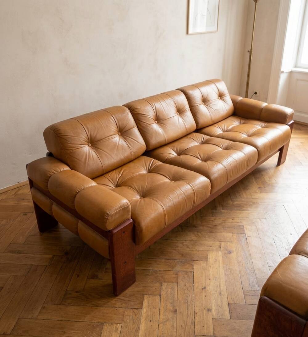 Czechoslovak Vintage Leather Living Room Set, Attributed to Dřevotvar, 1970