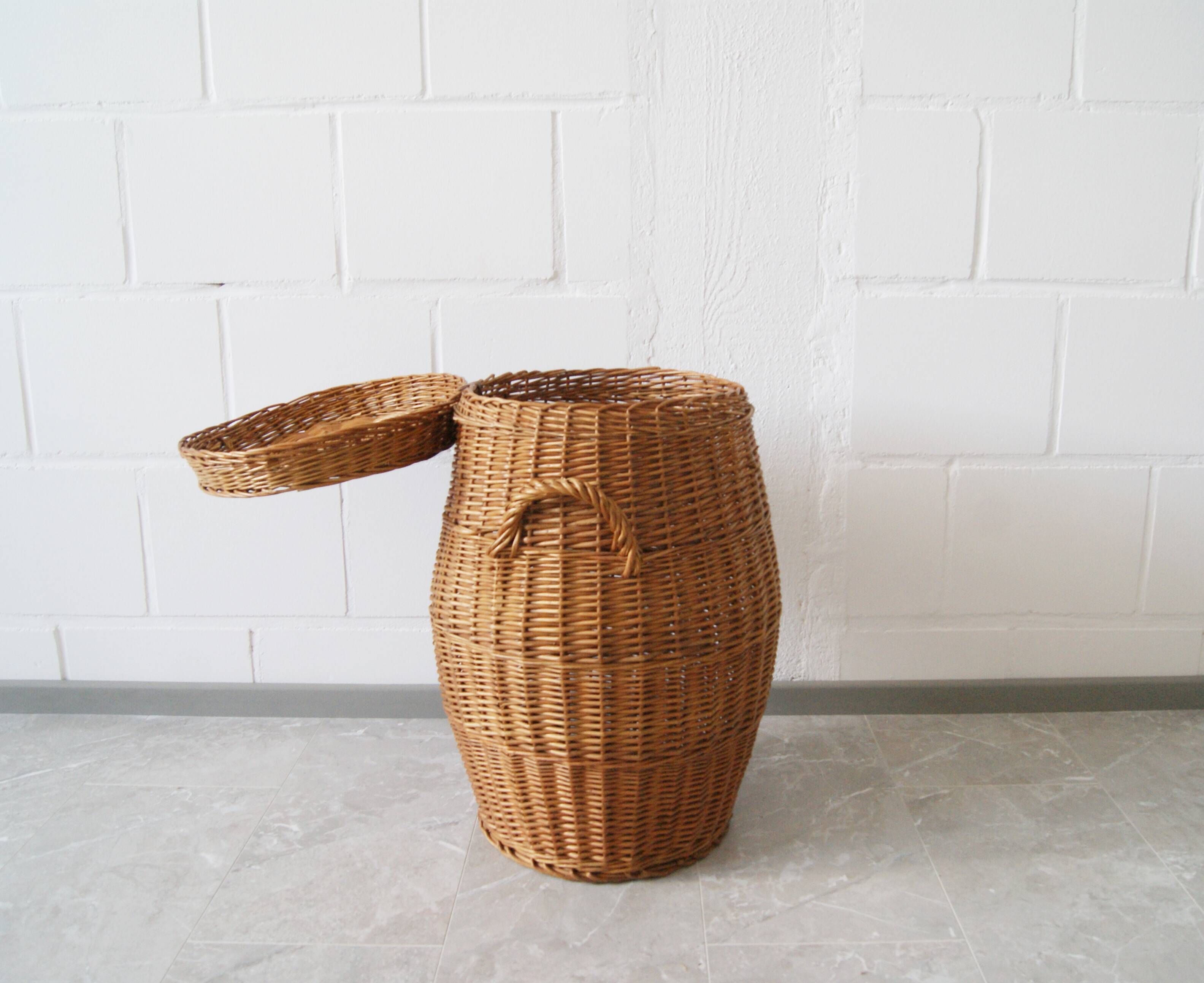 large round basket with lid, wicker basket, rattan basket, laundry container