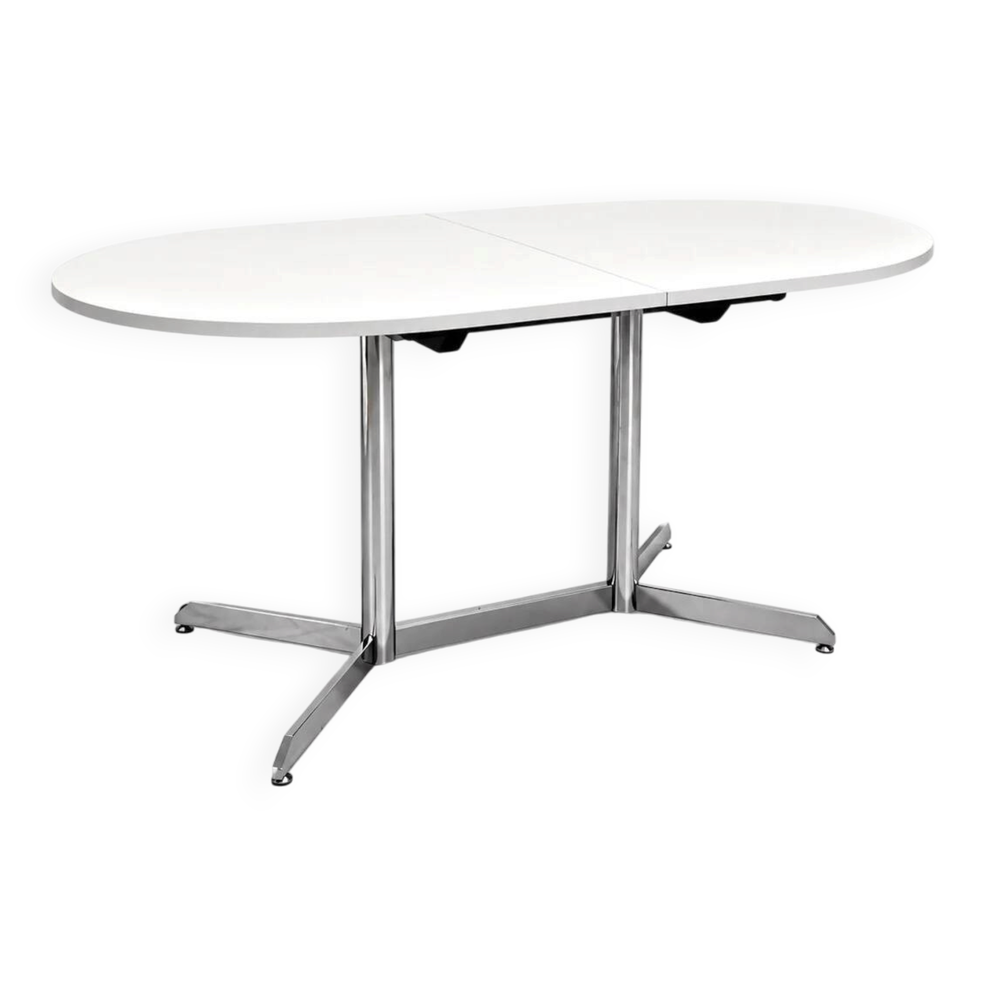 Vintage oval extendable dining table, white laminate and chrome, 1970s.