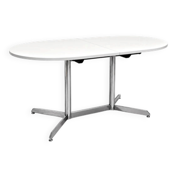 Vintage oval extendable dining table, white laminate and chrome, 1970s.
