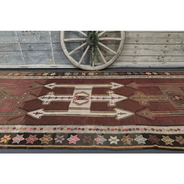 Vintage Turkish Oushak handmade wool cotton brown runner rug 168x395