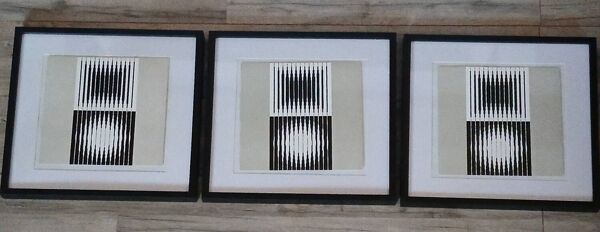 Trio Tableaux Vintage Art Optique - Victor Vasarely - Cadres 40x40cm.