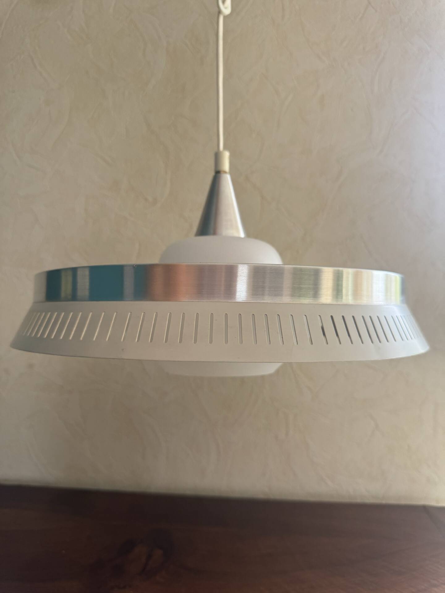 Scandinavian aluminium & opaline suspension - LYFA design by Bent Karlby