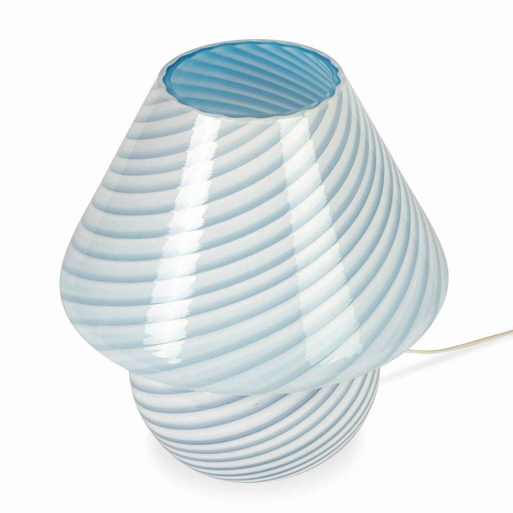 Murano glass lamp in the shape of a mushroom made using the swirling technique of mouth blown glass.