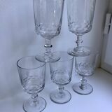 Set of 5 small crystal wine glasses engraved 50-60s