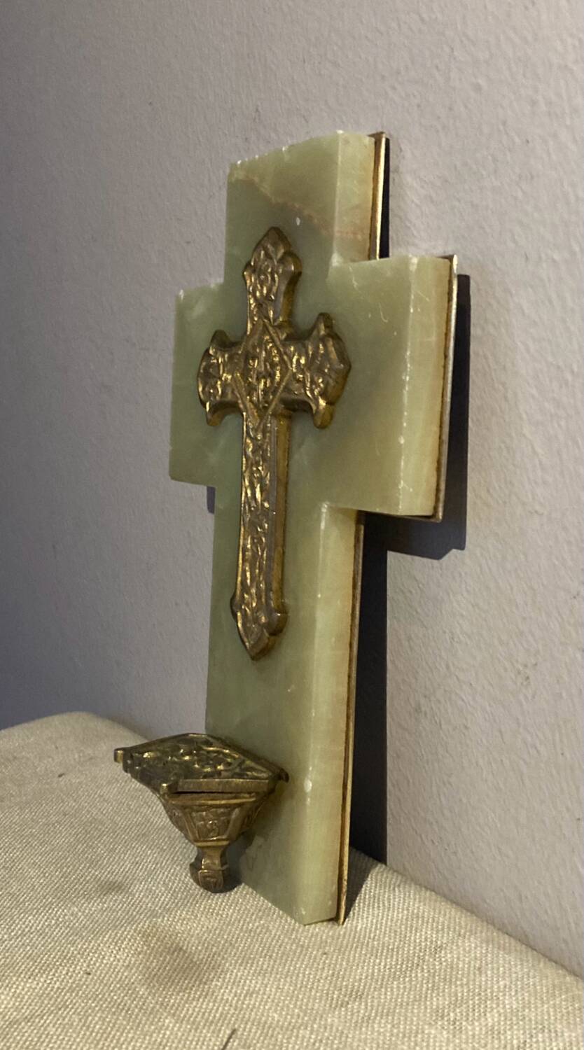 Art Deco holy water font in bronze, onyx and brass from the early 20th century