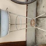 Set of 2 off-white enamelled metal washing machines/planters, blue rim, vintage industrial style.