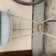 Set of 2 off-white enamelled metal washing machines/planters, blue rim, vintage industrial style.
