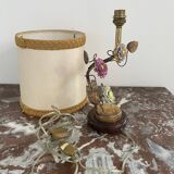Lamp, Capodimonte, porcelain flowers, polychrome, brass leaves, cherry marble base, lampshade