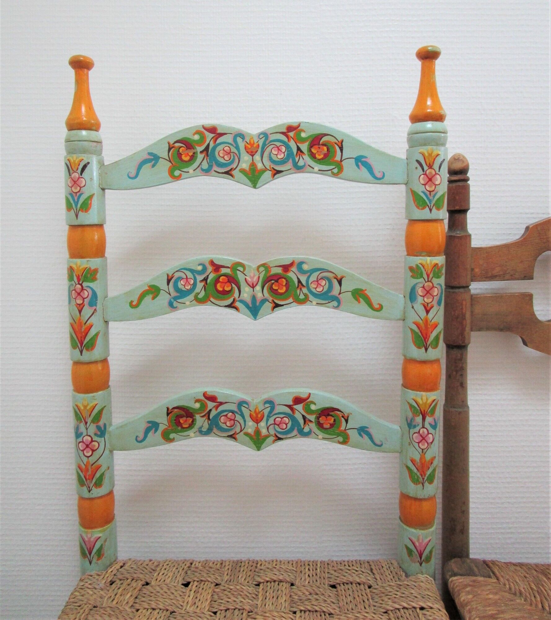 Two chairs patinated polka dots and painted wood folk art seat vintage straw