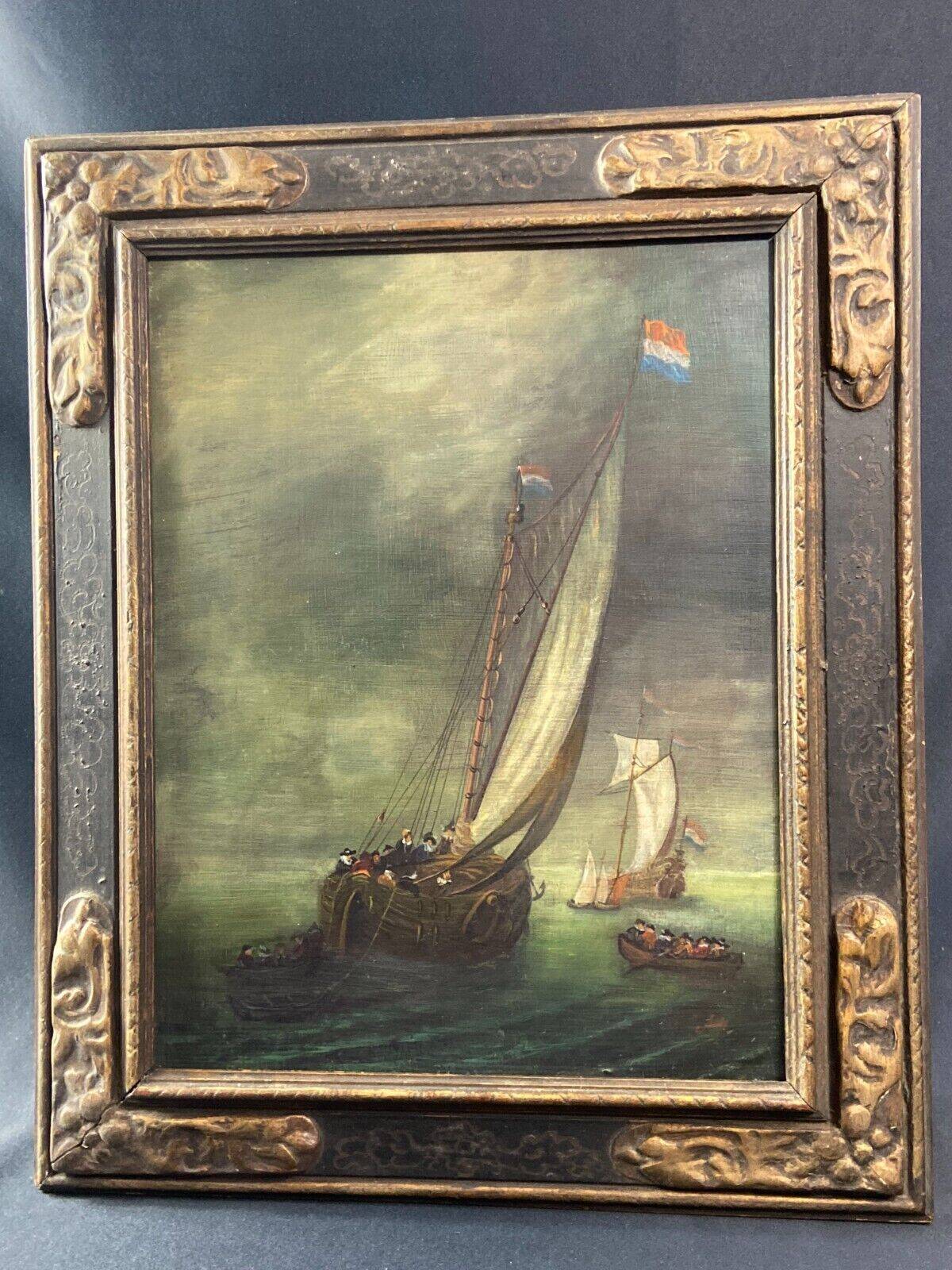 Tableau huile sur panneau Ecole hollandaise Marine monogrammée