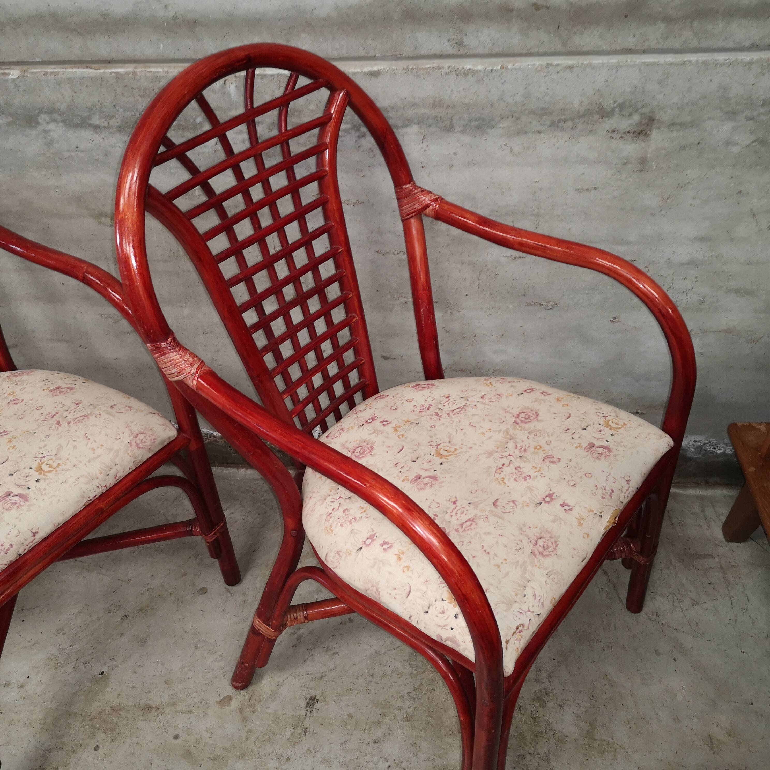 3 fauteuils chaises en rotin et osier assise en tissu vintage 1970 1980