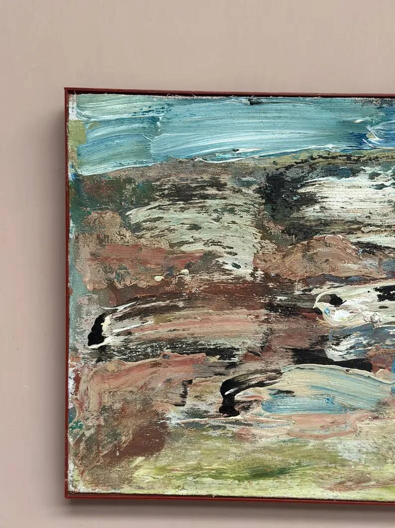 Huile sur toile originale suédoise - 'Komposition' par Yngve Werngren - Signée et datée 1974 - Vintage et encadrée - 53 × 36 cm (20,9" × 14,2")