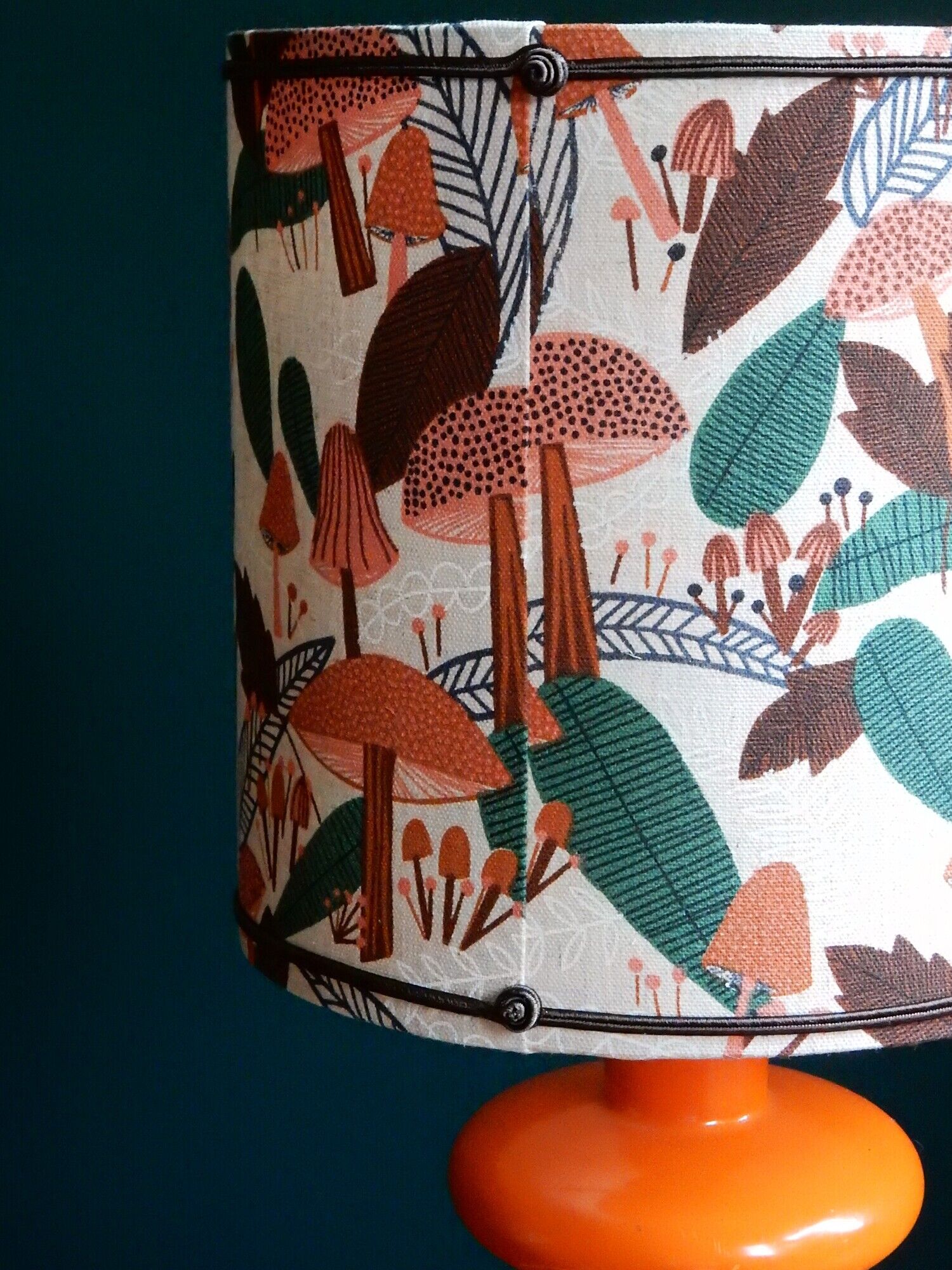 Mushroom lampshade and vintage orange glass lamp foot